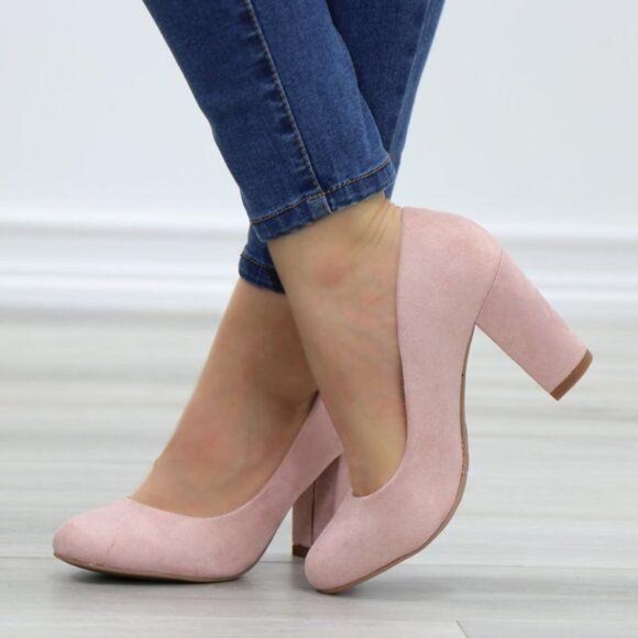 Rose Faux Suede Slip On Block High Heel Pumps - Picture 2 of 10